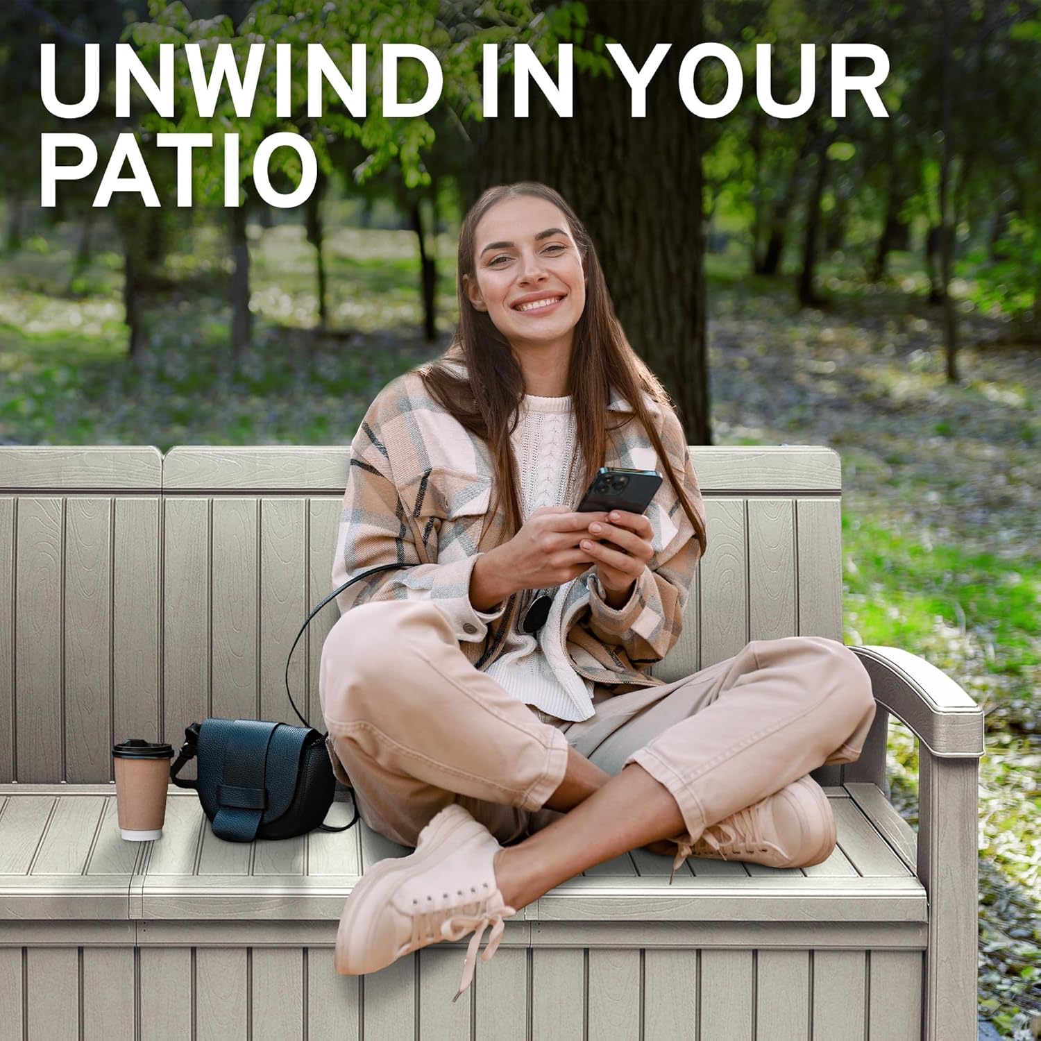 EconoHome 3 Seat Outdoor Storage Bench with Rain Cover - 90 Gallon Capacity - Weatherproof Resin Bench for Patio, Porch, Garden, Yard, Pool Area