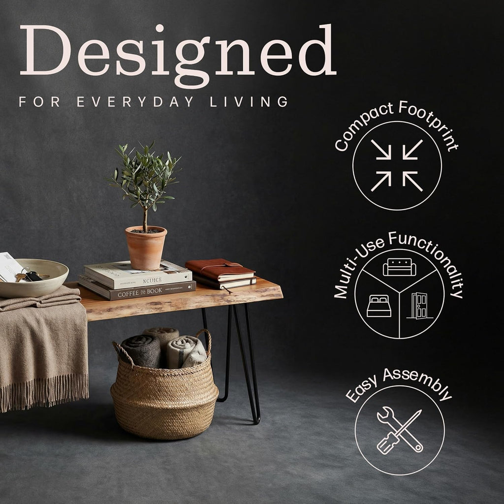 Alaterre Furniture Live Edge Wood Bench with Hairpin Metal Legs - Industrial Modern Entryway Bench with Minimalist Design - Furniture for Entryway, Dining Room, Kitchen, or Bedroom (48 Inch)