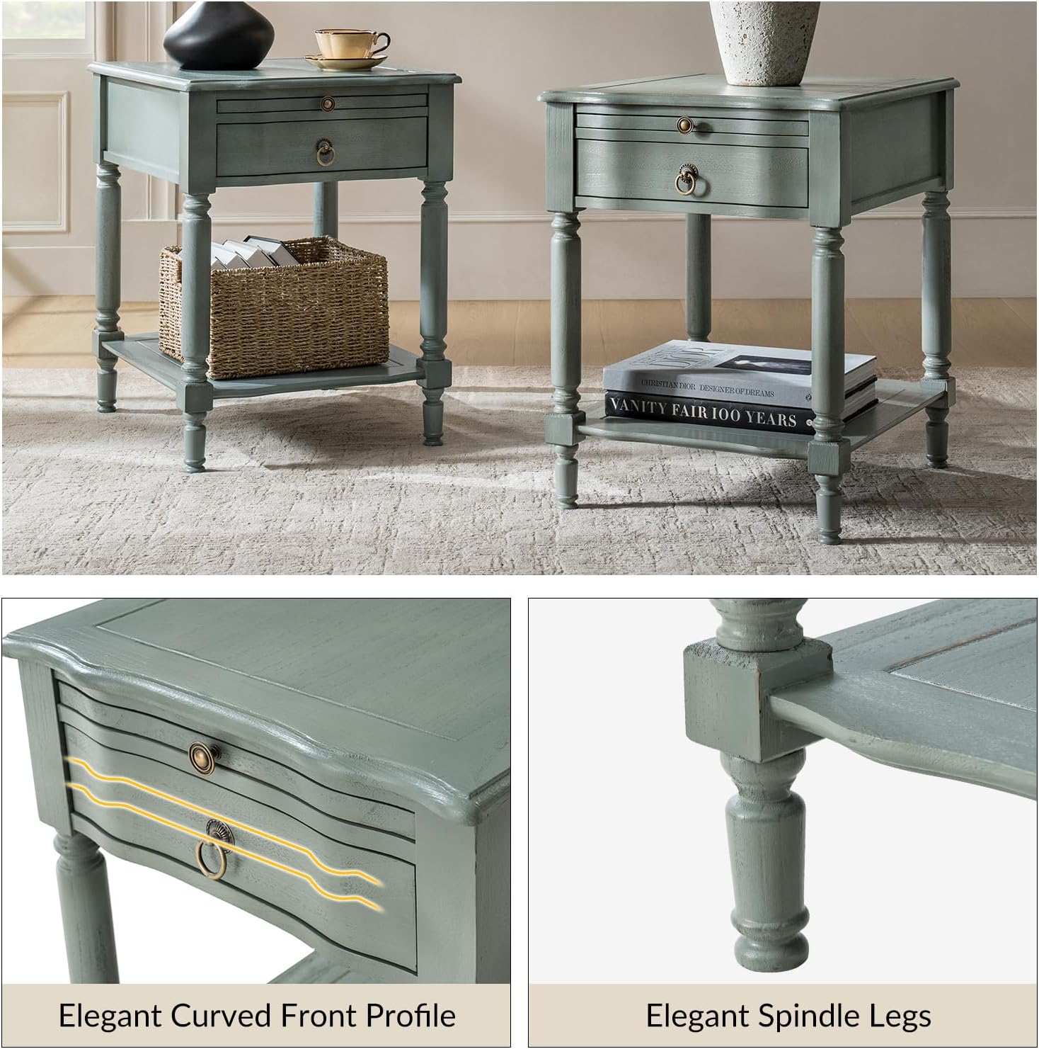 HULALA HOME Small End Table with Charging Station, Solid Wood Side Table with a Drawer & Open Shelf, Vintage Finish, Spindle Legs(Blue)