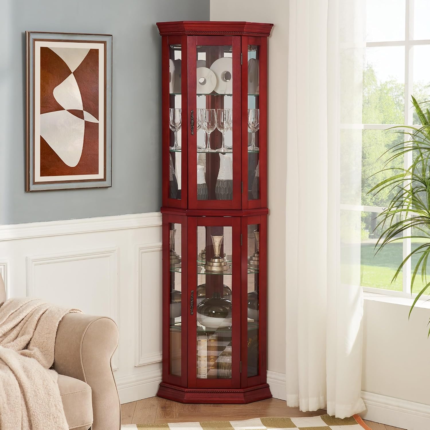 70" Lighted Corner Curio Cabinet,Inside Mirror Corner Glass Display Case with Tempered Glass Door for Living Room, Antique Collectibles, Wine & Bar Glass Storage, Lights Included