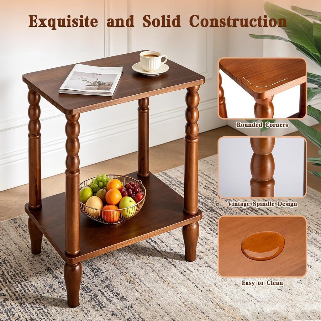 Solid Wood End Table with Storage Shelf, 2-Tier Small Side Table with Vintage Spindle Legs, Narrow Nightstand for Living Room, Bedroom & Small Spaces, Easy Assembly (Brown)