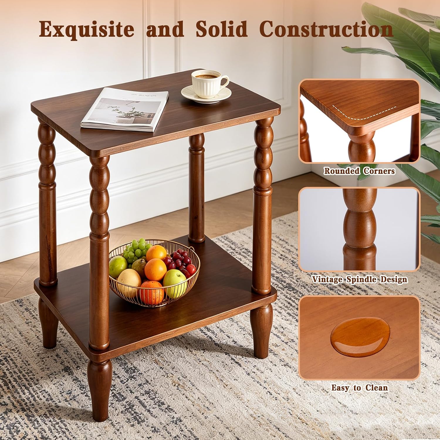 Solid Wood End Table with Storage Shelf, 2-Tier Small Side Table with Vintage Spindle Legs, Narrow Nightstand for Living Room, Bedroom & Small Spaces, Easy Assembly (Brown)