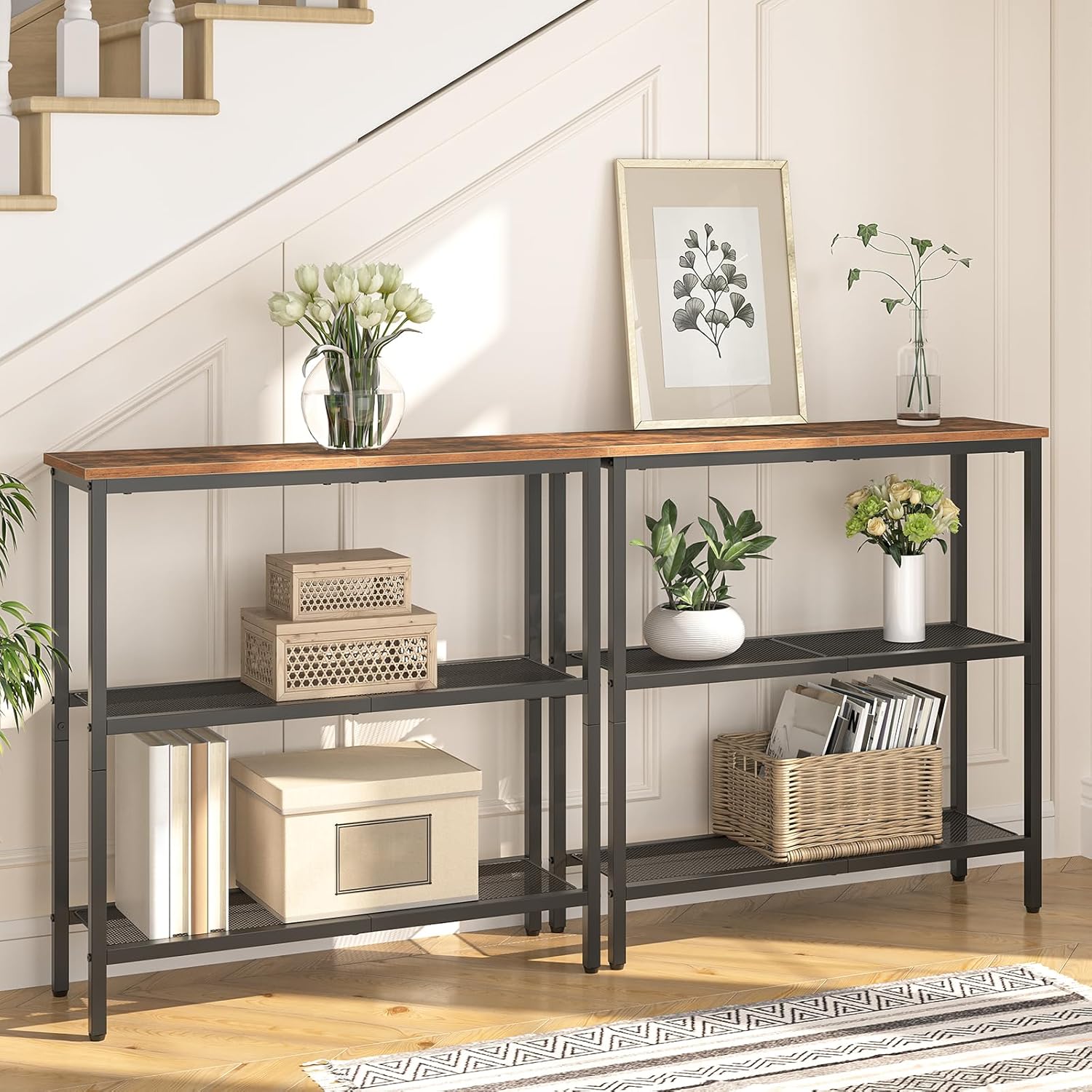HOOBRO Small Narrow Side Table with Charging Station, Thin Sofa Table with Shelves, Slim Nightstand with USB Ports Outlet, for Hallway, Entrance, Living Room, Bedroom BF73XG01 BF102UBZ01