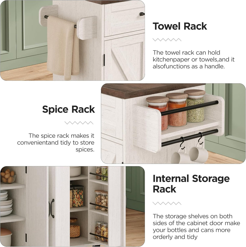 Mobile Kitchen Island, Kitchen Island Cart with 2 Drawers and Charging Station, Island Table for Kitchen, Home Bar Carts with Storage, Kitchen Rolling Island with Spice Rack and Towel Rack,White