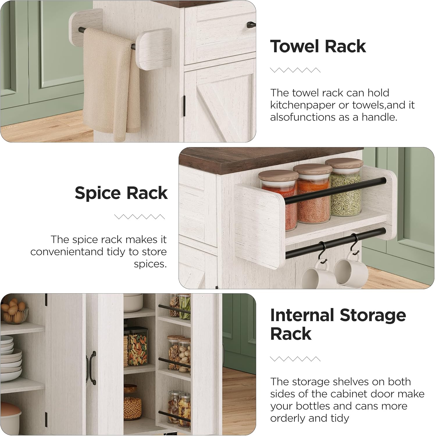 Mobile Kitchen Island, Kitchen Island Cart with 2 Drawers and Charging Station, Island Table for Kitchen, Home Bar Carts with Storage, Kitchen Rolling Island with Spice Rack and Towel Rack,White