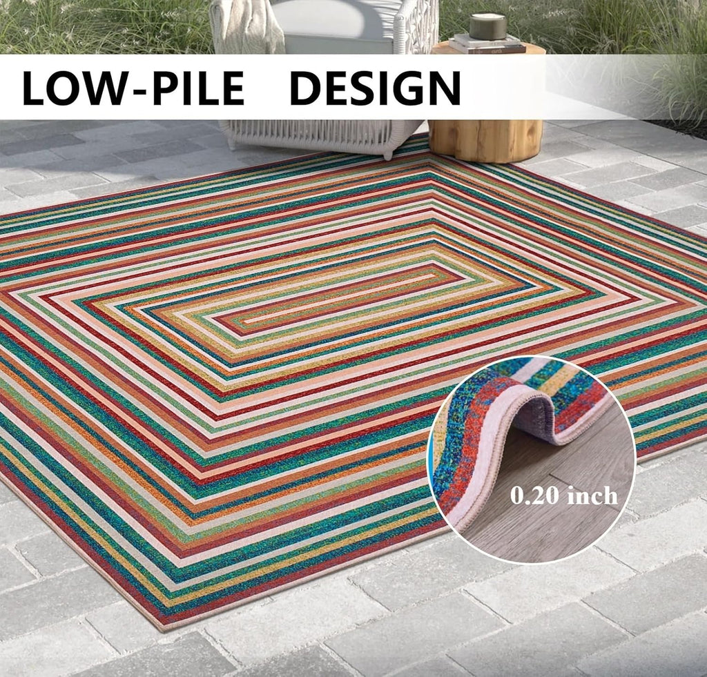 Multicolor Washable Outdoor Rug 8' x 10', Colorful, Stain Resistant, Easy Clean, Waterproof, Durable Area Rug for Outdoor Patio, Deck, Porch, Entryway, Foyer
