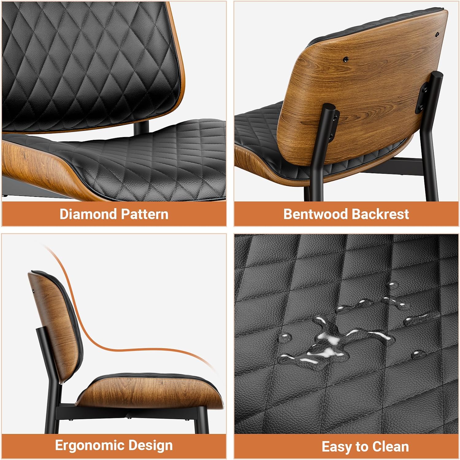 YaFiti Dining Chairs Set of 2, Mid Century Modern Accent Dining Room and Kitchen Chairs, Upholstered PU Leather Diamond Check Chairs with Walnut Bentwood and Metal Legs, Black