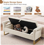 66'' King Size Storage Bench for Bedroom End of Bed, Bedroom Benches for Foot of Bed King with Gold Legs, Cream White Storage Ottoman Bench with Storage for Bedroom, Teddy