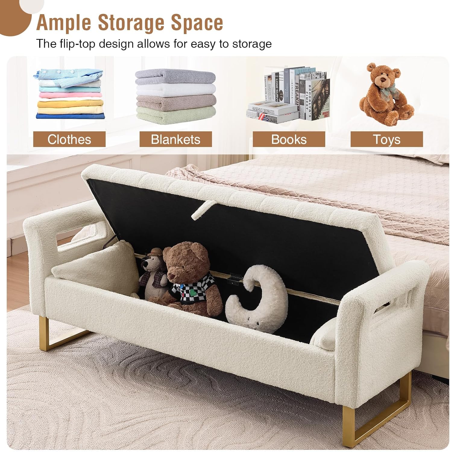 66'' King Size Storage Bench for Bedroom End of Bed, Bedroom Benches for Foot of Bed King with Gold Legs, Cream White Storage Ottoman Bench with Storage for Bedroom, Teddy