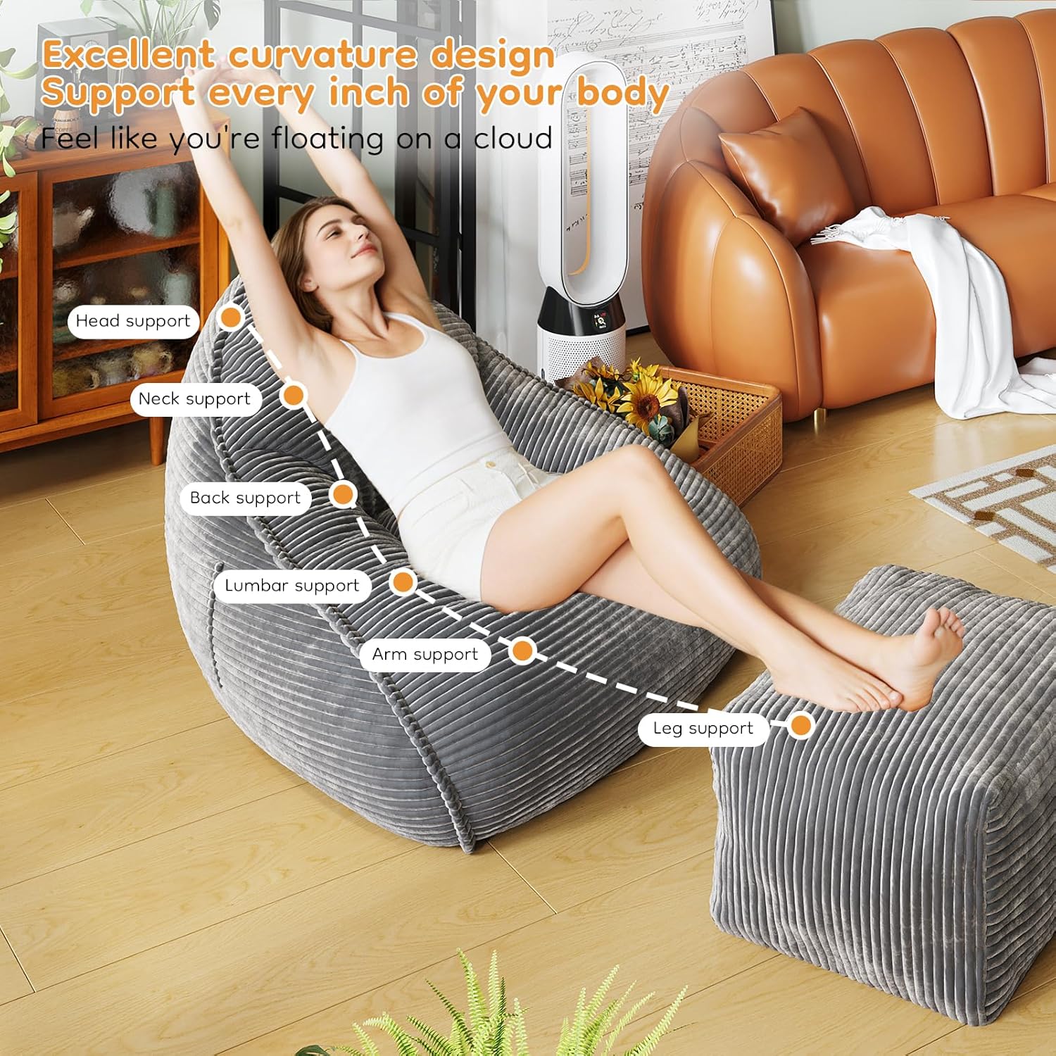 Cloud Large Bean Bag Chair with Ottoman, Corduroy Fabric+35D Memory Foam Big Beanbag Chair for Adults,Lounger Chairs Sofa Boneless Puff Chair for Living Room (Gray)