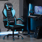 Massage Gaming Chair, Big and Tall Computer Game Chair with Lumbar Support & Footrest, Breathable PU Leather Gamer Office Desk Chair with Adjustable Height and 360° Swivel Wide Seat, Blue