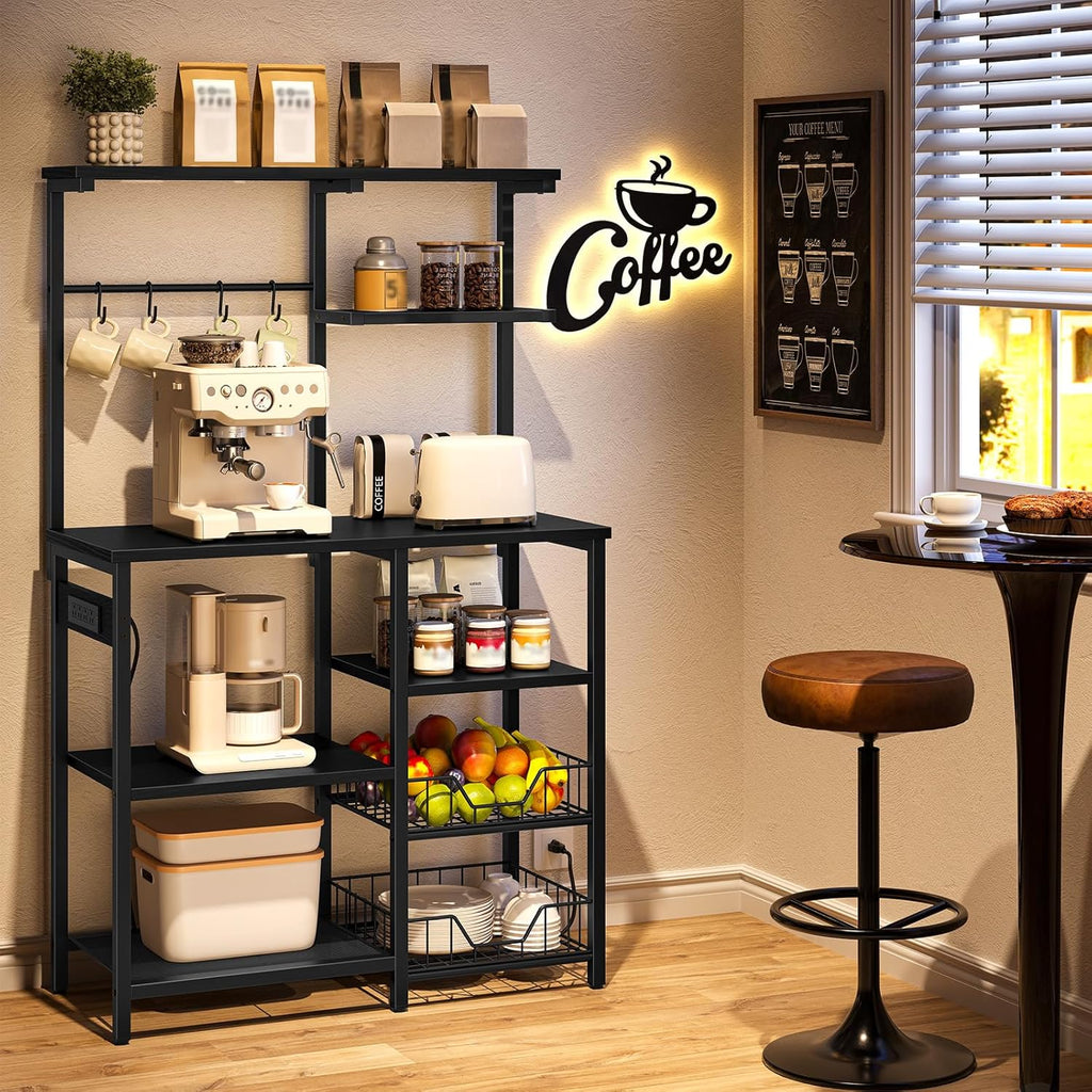 HOOBRO Large Bakers Rack with Power Outlets, 6-Tier Microwave Stand with 4 Hooks, Coffee Bar, Kitchen Shelf with Wire Basket, for Kitchen, Living Room, Office, Black BB64UHB01