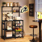 HOOBRO Large Bakers Rack with Power Outlets, 6-Tier Microwave Stand with 4 Hooks, Coffee Bar, Kitchen Shelf with Wire Basket, for Kitchen, Living Room, Office, Black BB64UHB01
