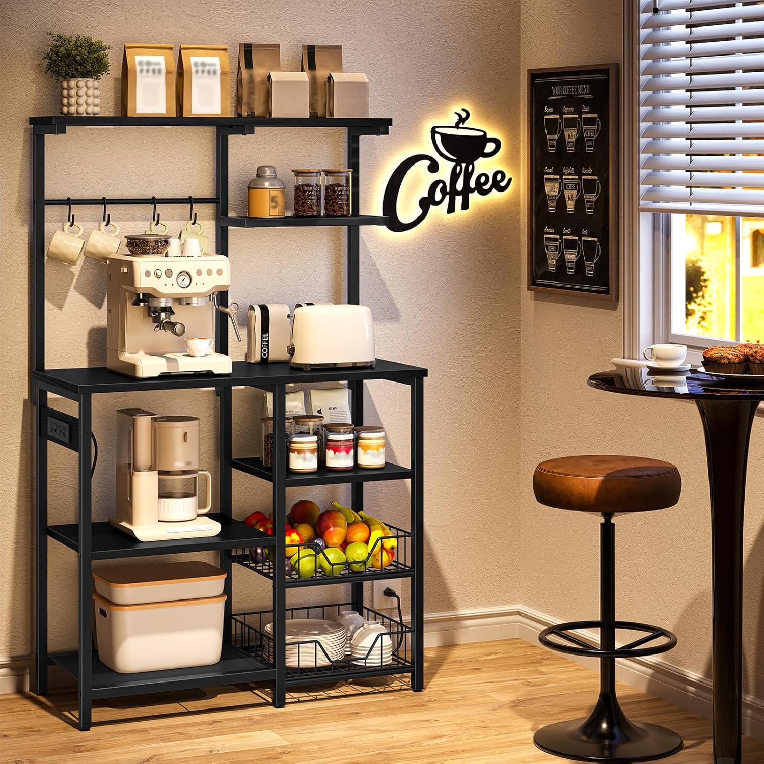 HOOBRO Large Bakers Rack with Power Outlets, 6-Tier Microwave Stand with 4 Hooks, Coffee Bar, Kitchen Shelf with Wire Basket, for Kitchen, Living Room, Office, Black BB64UHB01