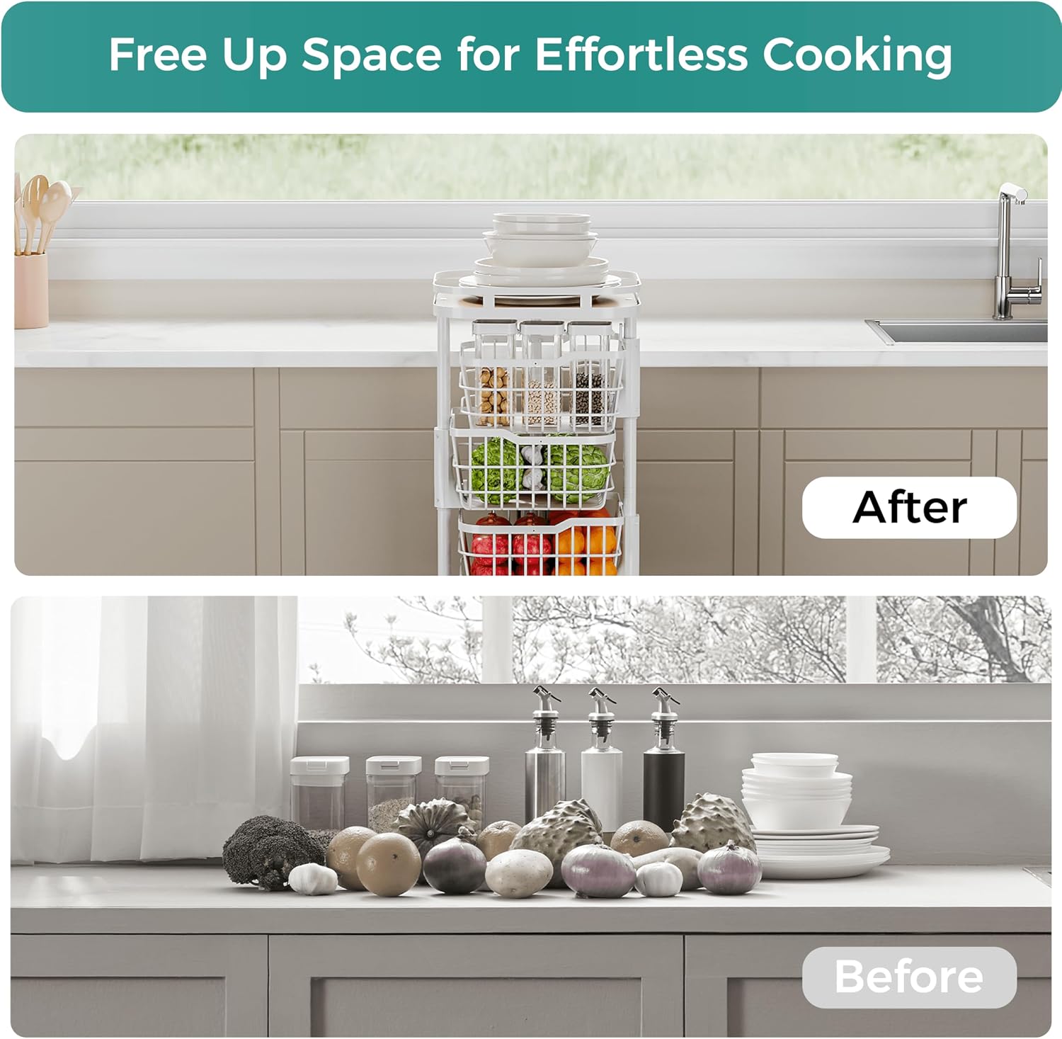 5 Tier Kitchen Fruit Vegetable Storage Cart with Rotating Basket, Rolling Rack Shelf Organizer Floor Stand on Wheel for Snack Spice Produce Veggie Onion Potato Bin, Vianderos Para Cocina, White