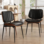 Dining Chairs Set of 4, Mid Century Modern Dining Room Chairs, Upholstered Faux Leather Kitchen Chairs with Walnut Bentwood Back and Metal Legs for Kitchen Dining Room Living Room, PU Black