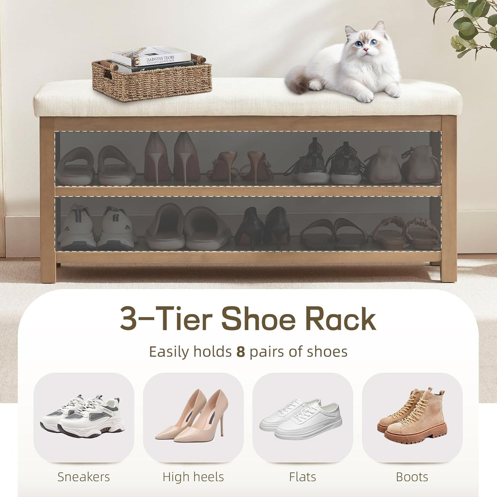 Zihanhome 2 Tier Shoe Rack Bench with Cushion, Solid Wood Shoe Benches, Mid-Century Modern Shoe Storage Bench for Entryway, Hallway, Living Room, Closet, Front Door Entrance, (Beige, 39.4")