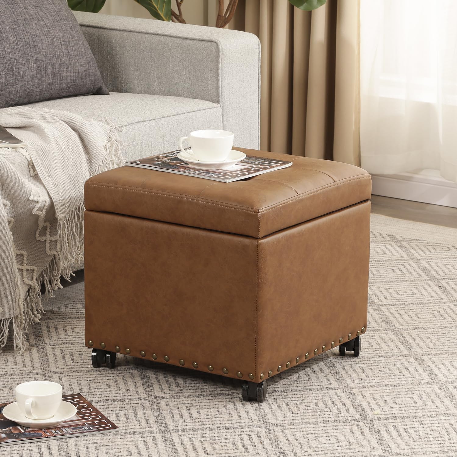 Adeco 16.7" H Vintage Golden Brown Leather Storage Ottoman with 360 Caster Wheels, Square Foot Stool with Decorative Bronze Thumb Tacks & 330 LB Load Capacity