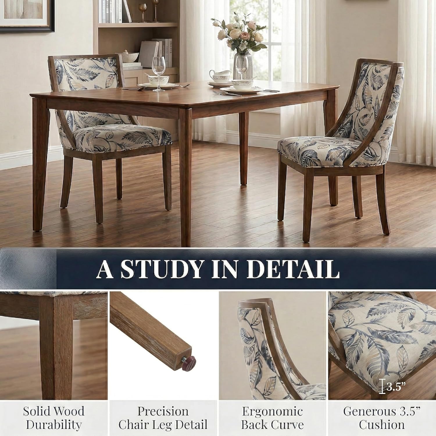 LZAREAL Farmhouse Dining Chairs Set of 2 Upholstered Dining Room Chairs with Curved High Back for Kitchen Restaurant Cafe Home, Walnut Color Wood Legs, Linen Floral Paded Seat