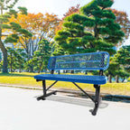 Outdoor Steel Bench with Backrest, Powder Coated Metal Park Seat, Perforated Mesh Patio Seating for Garden, Campus, Trail, Schoolyard, Transit Stop, Playground, Porch, Public Plaza