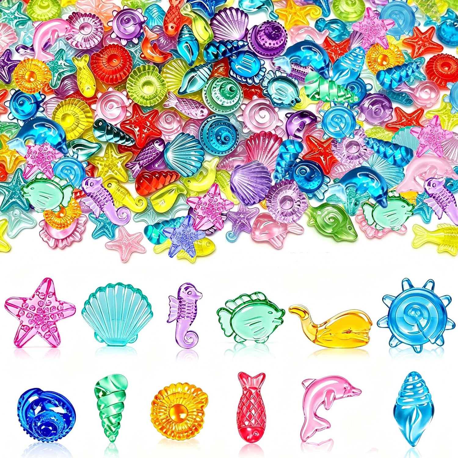 450 PCS Seashells Sensory Bin Filler, Mini Resin Ocean Seashell Animal Figures Diving Gems Vase Fillers for Fish Aquarium Fairy Garden Table Decorations