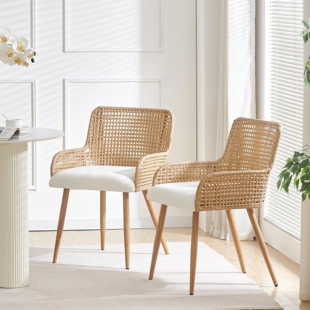 Rattan Dining Chairs Set of 4, Wicker Dining Chairs with Metal Legs,Upholstered Cane Back Dining Chair Set of 4 with Boucle Cushion for Bedroom, Kitchen,Coastal Dining Chairs