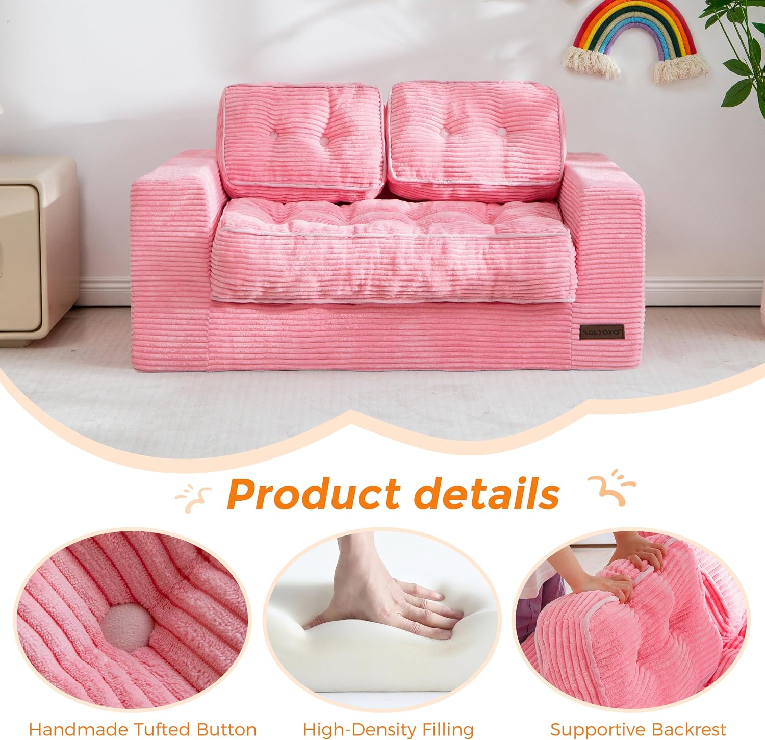 MAXYOYO Kids Bean Bag Chair, Upholstered Bean Bag Sofa Cloud 2-Seat for Boys and Girls, Boneless Couch with Tufted Cushion & Pillows, Kids Sofa in A Box, No Assembly Required, Pink