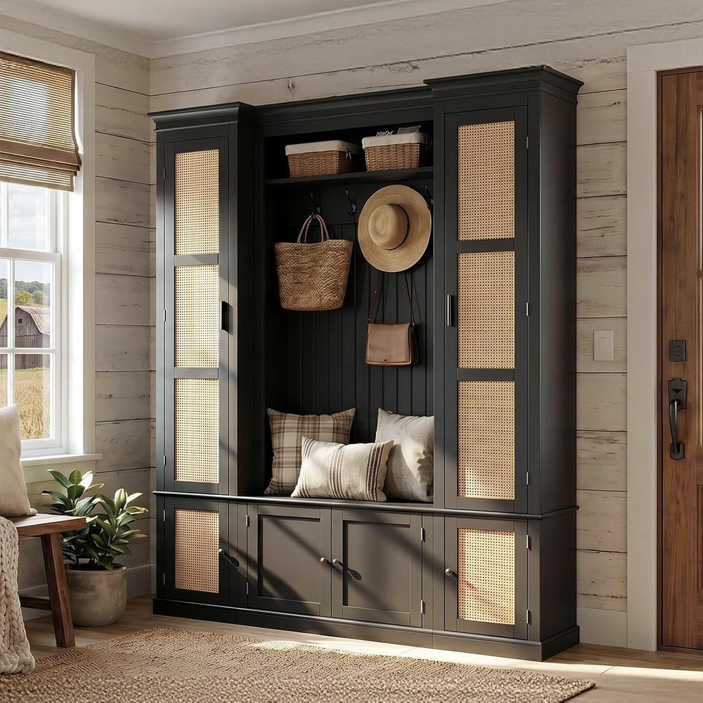 Large Hall Tree with Bench & Rattan Doors, 4-in-1 Entryway Coat Rack with Shoe Storage, 4 Hooks, Shelves, Mid-Century Shoe Bench for Hallway Mudroom, Black, 63.2”W x 15.7”D x 76.8”H
