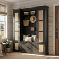 Large Hall Tree with Bench & Rattan Doors, 4-in-1 Entryway Coat Rack with Shoe Storage, 4 Hooks, Shelves, Mid-Century Shoe Bench for Hallway Mudroom, Black, 63.2”W x 15.7”D x 76.8”H