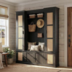 Large Hall Tree with Bench & Rattan Doors, 4-in-1 Entryway Coat Rack with Shoe Storage, 4 Hooks, Shelves, Mid-Century Shoe Bench for Hallway Mudroom, Black, 63.2”W x 15.7”D x 76.8”H
