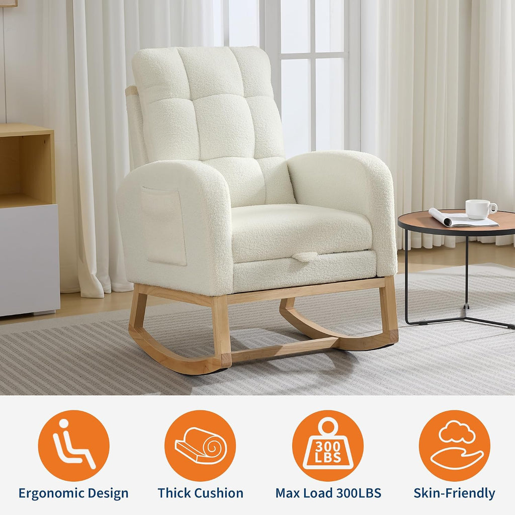 Garvee Modern Nursery Rocking Chair, Comfortable Glider Rocker Chair with Side Pocket & Footrest, High Backrest Rocker Recliner for Nursing Room, Living Room, Bedroom, Teddy(Beige)
