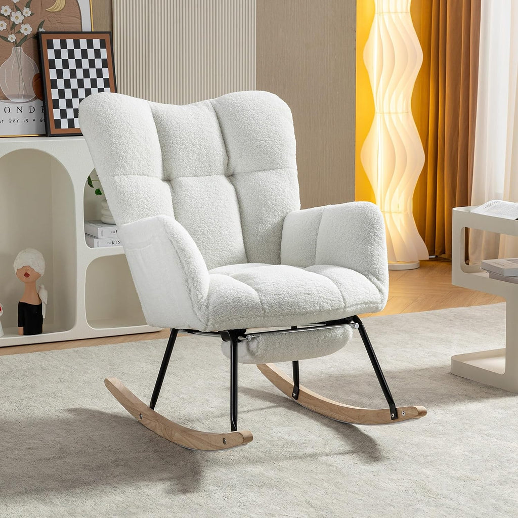 Teddy Fabric Leisure Rocking Chair with Adjustable Footstool – High Backrest Nursery Rocking Chair in Ivory, Solid Wood & Metal Base for Living Room, Bedroom & Baby Room