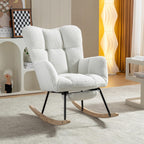 Teddy Fabric Leisure Rocking Chair with Adjustable Footstool – High Backrest Nursery Rocking Chair in Ivory, Solid Wood & Metal Base for Living Room, Bedroom & Baby Room