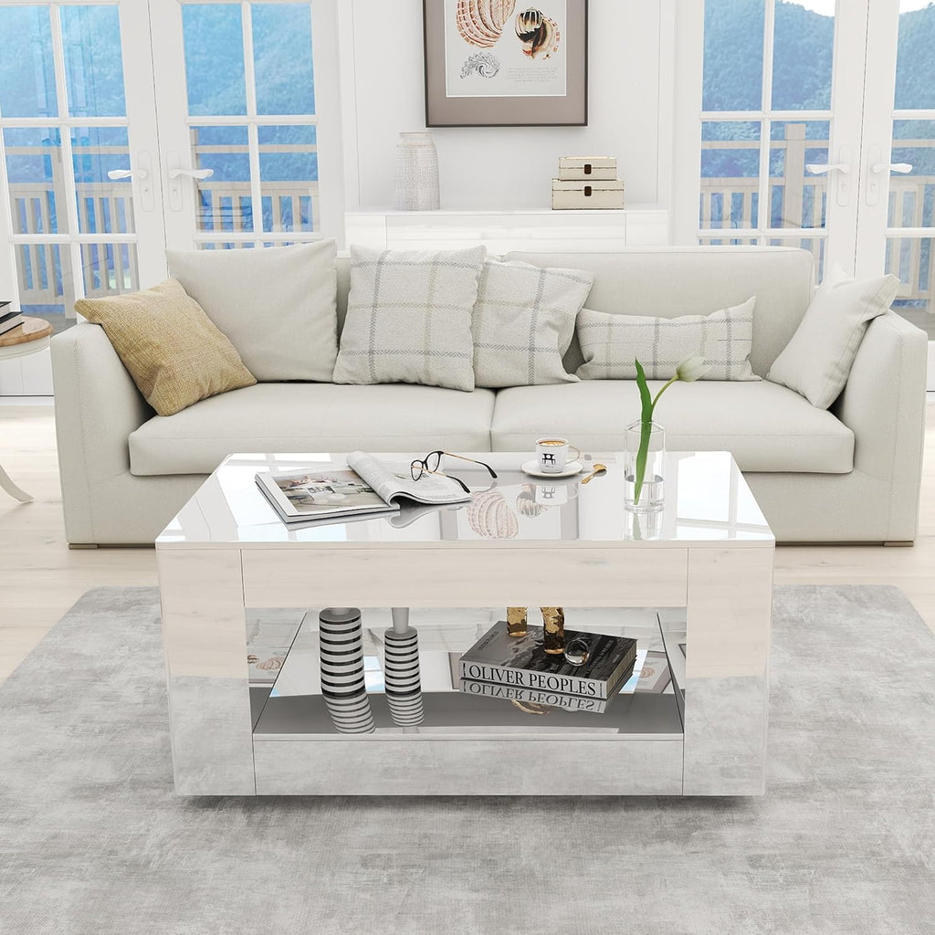 Coffee Table with Storage, 39" High Gloss Small Center Table with Transparent Legs and Sides Storage, Modern 2-Tier Coffee Tables for Living Room, Home Office, Apartment, White