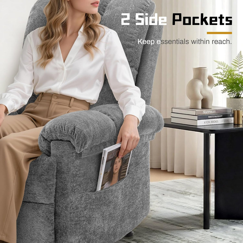 Korser Recliner Chair, Living Room Recliner Chairs for Adults, Small Recliners for Small Spaces, Upholstered Manual Recliner with Side Pockets, Modern Nursery Chair for Living Room, Chenille, Grey