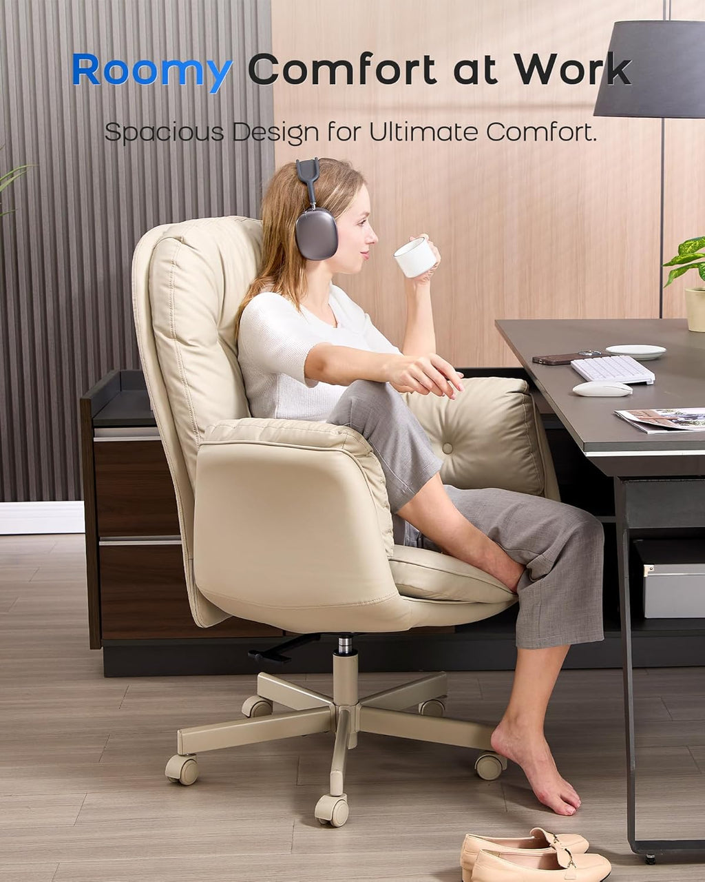 LukkDys Executive Office Chair, Big & Tall 400 lbs Capacity, Wide Seat, PU Leather, 5-Gear Lay-Flat Armrests (90°–180°) for Cross-Legged Comfort, 90–115° Recline, High Back Desk Chair, Beige