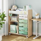 Rolling Storage Cart with Top Pegboard and 6 Drawers, Mobile Utility Cart on Wheels with Locking Brakes, Craft Organizer Lateral File Cabinet for Home, Office and Craft Room – Wood Frame(Green)