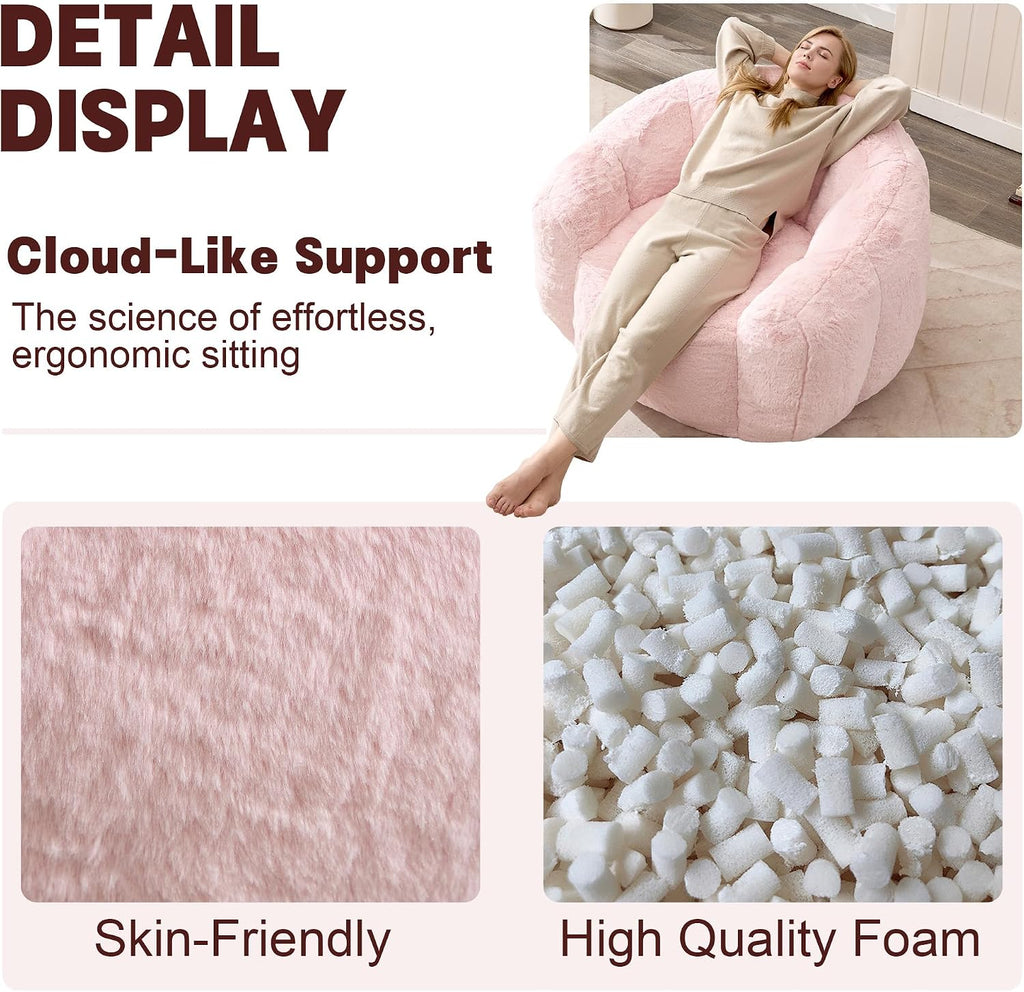 Giant 4ft Bean Bag Chair for Adults, Big Beanbag Chairs with Filler Included, Large Comfy Faux Fur Oversized Adult Bean Bags, Huge Floor Sofa for Bedroom, Living Room, Pink