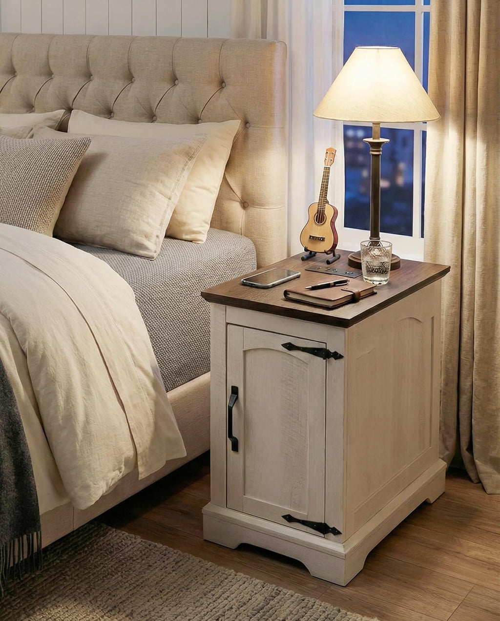 Farmhouse End Table with Charging Station, Narrow Side Table for Living Room, Rustic Wood Sofa Side Table with Storage Cabinet,Small Nightstand for Bedroom Home Office (White)