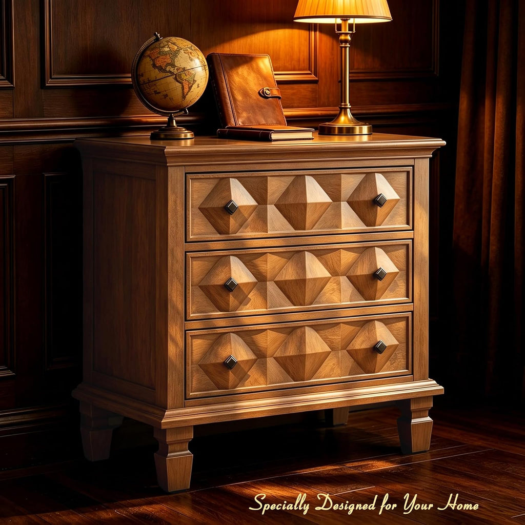 Traditional Geometric Textured Nightstand, 3 Drawer Solid Wood Bedside Table with Carved Front Panels, Rustic End Table for Bedroom Living Room, Apricot