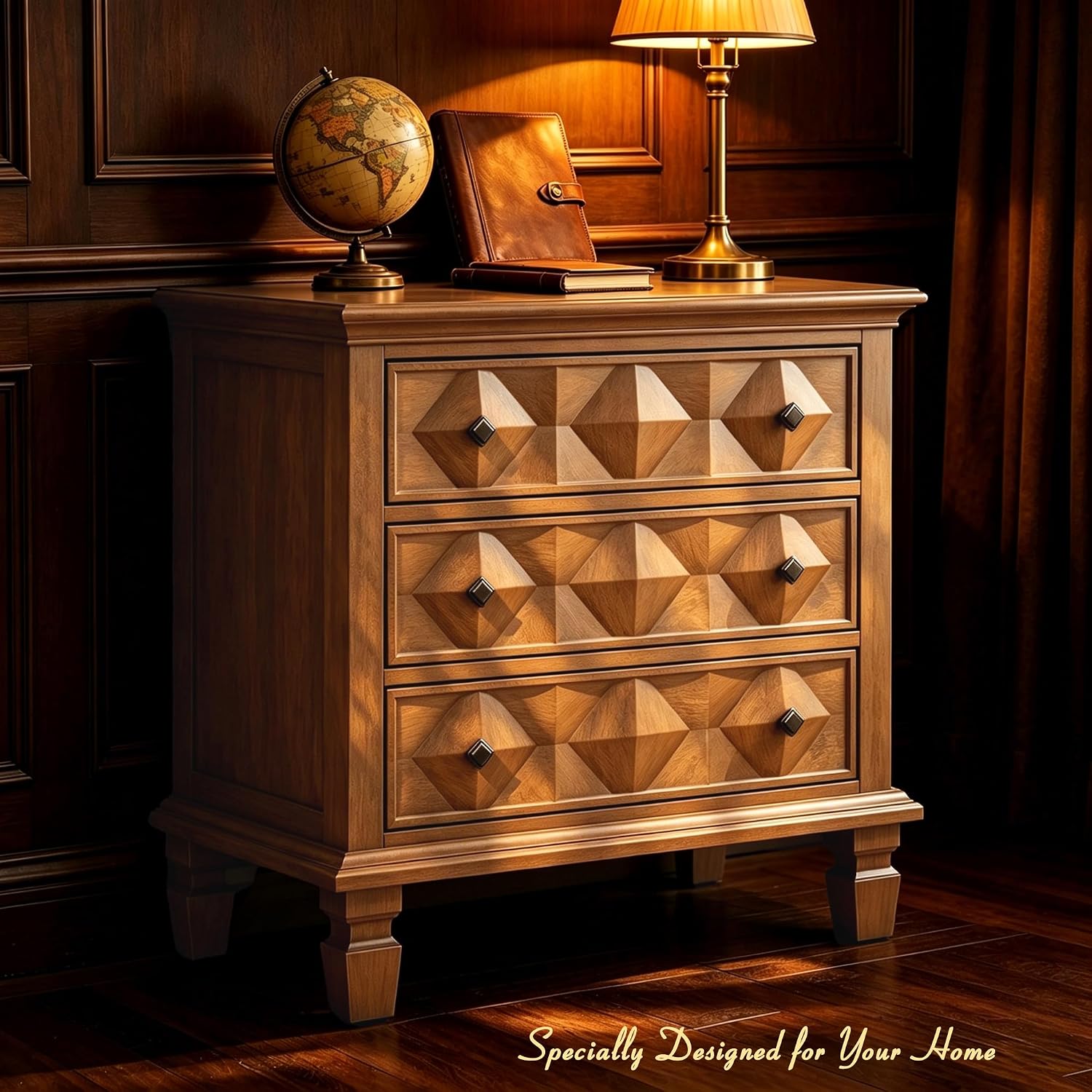 Traditional Geometric Textured Nightstand, 3 Drawer Solid Wood Bedside Table with Carved Front Panels, Rustic End Table for Bedroom Living Room, Apricot