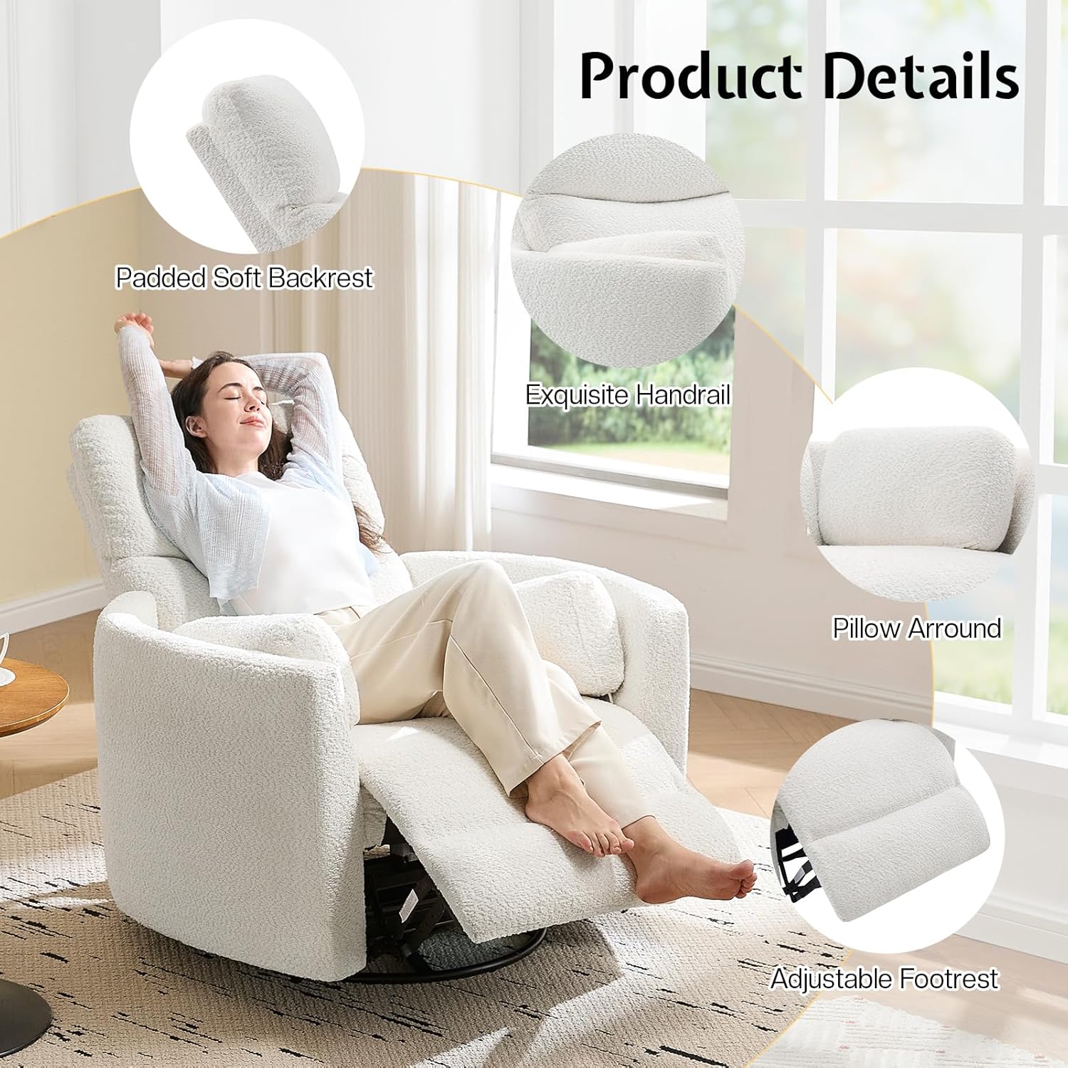 Jocisland Power Rocking Nursery Chair, Oversized Recliner Swivel Glider Chairs for Adults with 2 Pillows, USB & Type-C, Cozy Reclining Armchair Sofa for Living Room, Bedroom, Nursing, White Teddy