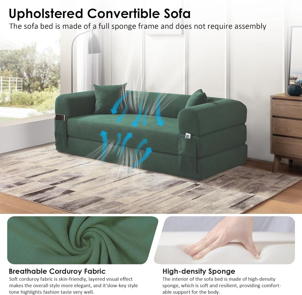 80" Cloud Sleeper Sofa Bed Pull Out Couch, Corduroy Boneless Sofa with Side Storage Pocket, Convertible Compression Sofa with Pillows for Living Room Bedroom, Light Green