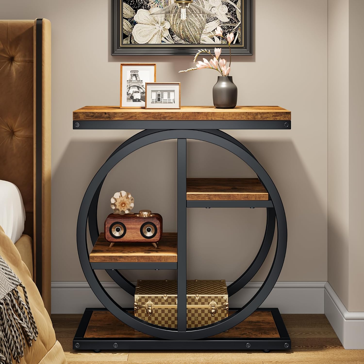 End Tables for Living Room, 4-Tier Narrow Side Table with Storage Space, Wood Slim Sofa Side Table with Geometric Metal Frame, Industrial Skinny Nightstand and Bedside Table, Rustic Brown