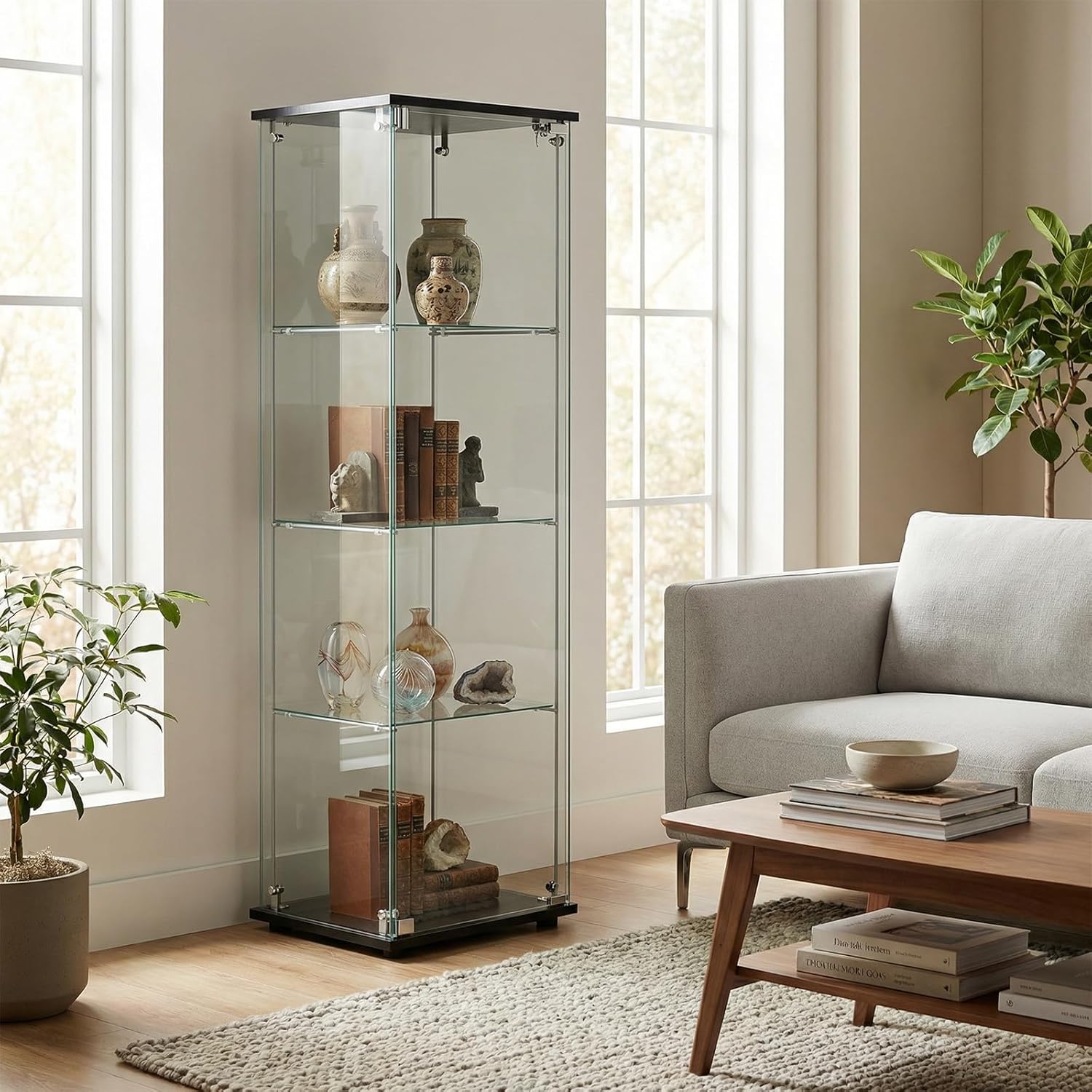 BEAUTYPEAK Tempered Glass Display Cabinet, 4-Tier Curio Cabinet with Glass Doors and Lock, Glass Display Case for Collectibles, for Living Room, Single Door, Black