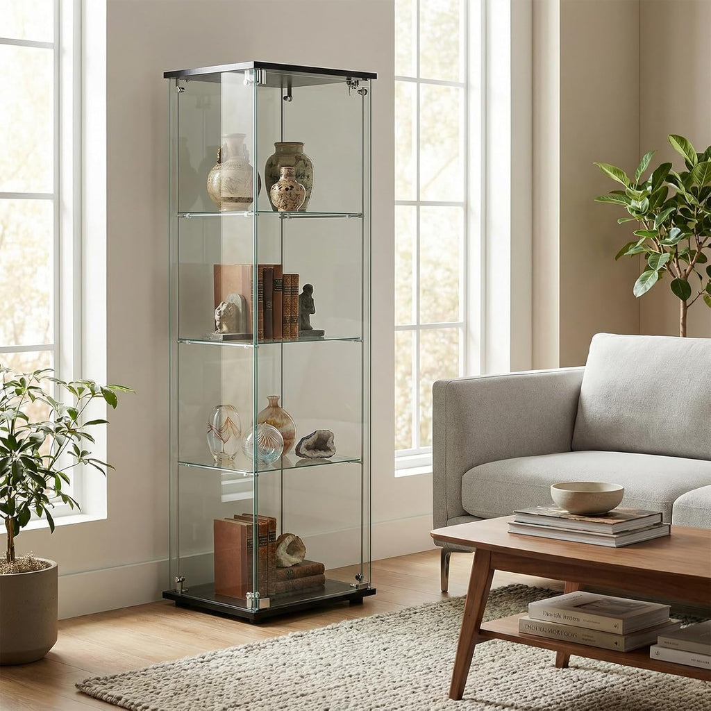 BEAUTYPEAK Tempered Glass Display Cabinet, 4-Tier Curio Cabinet with Glass Doors and Lock, Glass Display Case for Collectibles, for Living Room, Single Door, Black