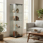 BEAUTYPEAK Tempered Glass Display Cabinet, 4-Tier Curio Cabinet with Glass Doors and Lock, Glass Display Case for Collectibles, for Living Room, Single Door, Black