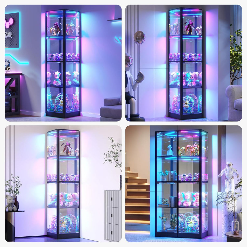 Glass Display Cabinet with RGB Lights- 68" Display Case with 4-Tier Shelfs, Corner Curio Cabinets for Collectibles/Toys/Books, LED Storage Cabinet, Black