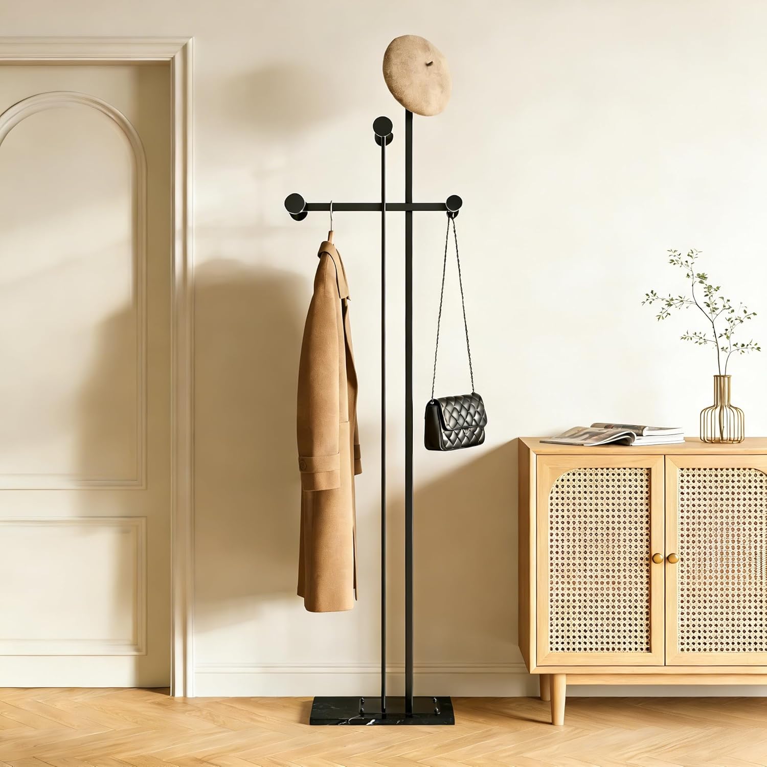 JIAYUEJU Heavy Duty Coat Rack Freestanding, Metal Coat Rack Stand with Marble Base, Corner Coat Tree for Entryway, Hallway, Bedroom, Office, Hotel (Black)