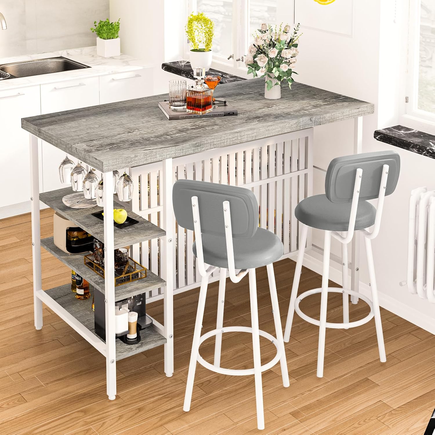 Kitchen Island with Storage Small Dining Table for 2, Kitchen Table Chairs Set of 2 Dining Room Set for Small Space (Grey)